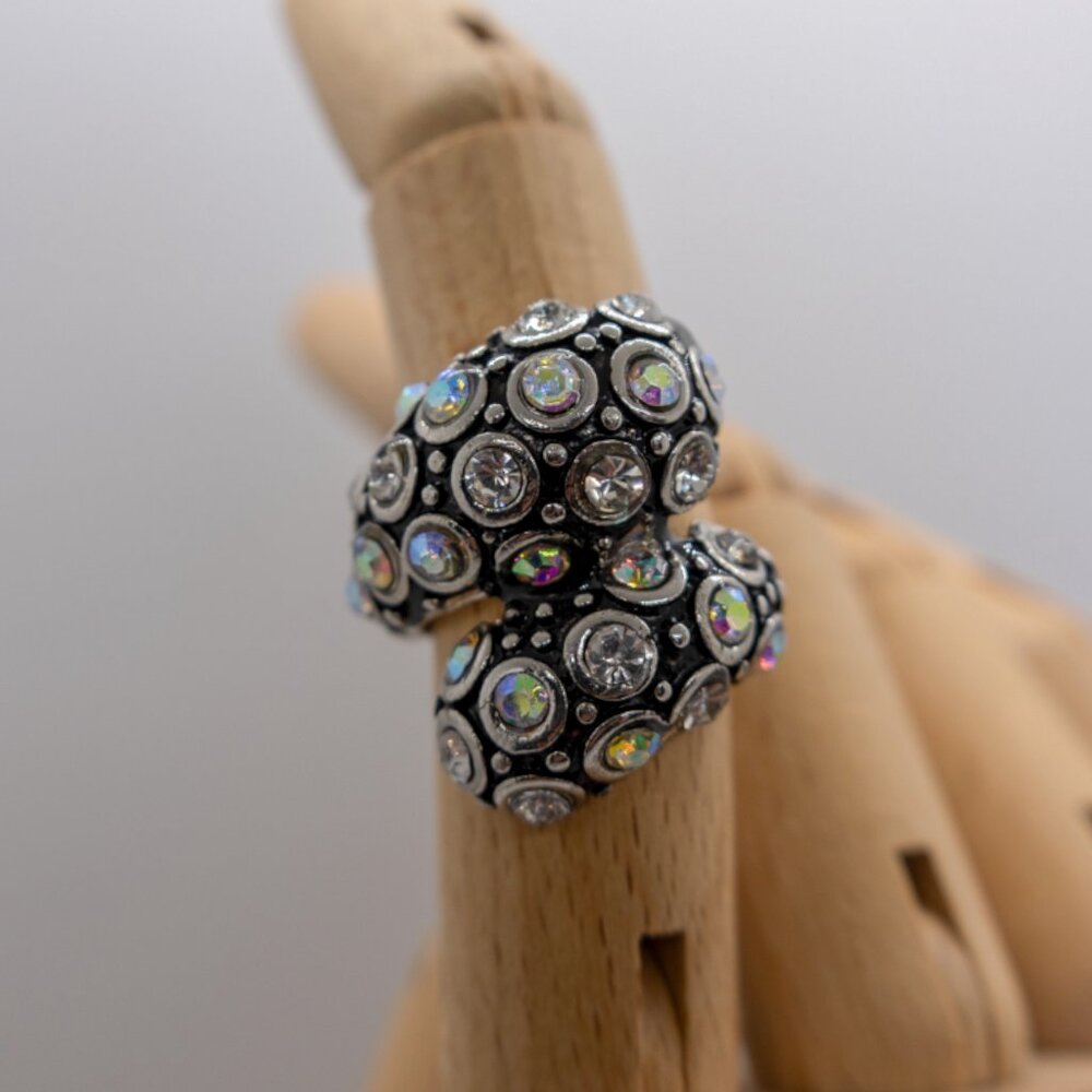 Rhinestone Twist Silver Tone Elastic Band Fashion Ring Aurora Multicolor Stones